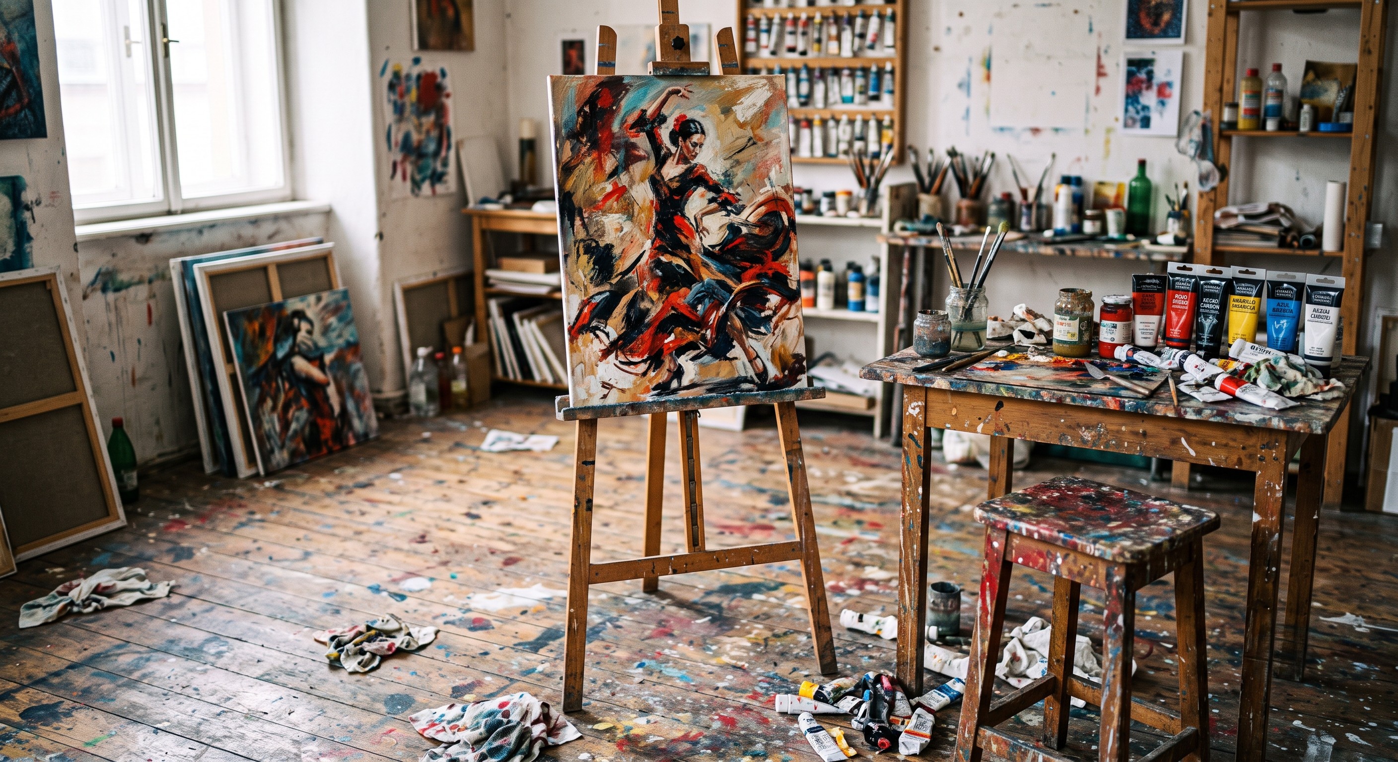 An artist woman in her studio, painting or working on crafts, friendly and creative atmosphere