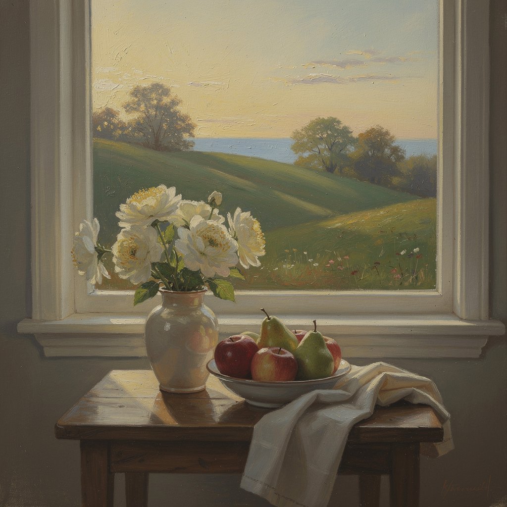 An artistic oil painting on canvas, still life or landscape, professional gallery style