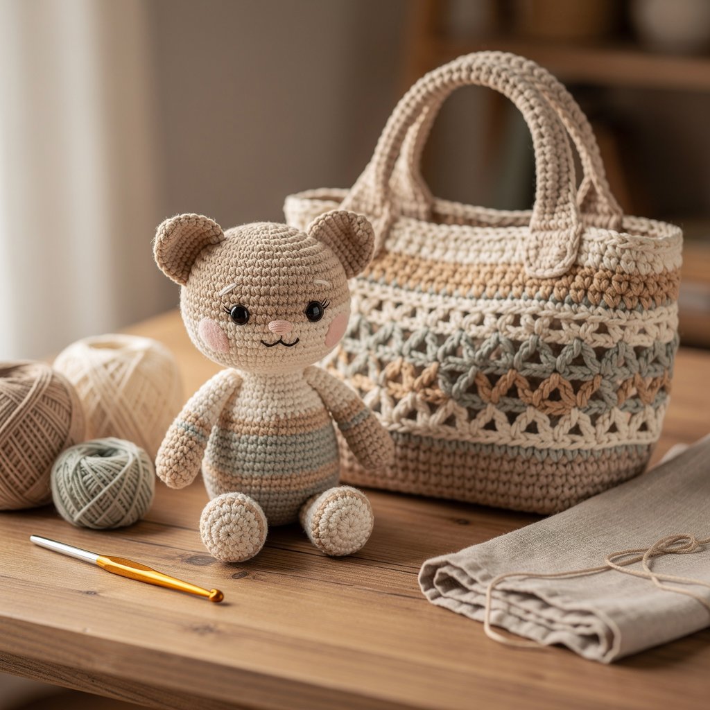 Beautiful handmade crocheted products like a soft toy or a stylish bag, craft style