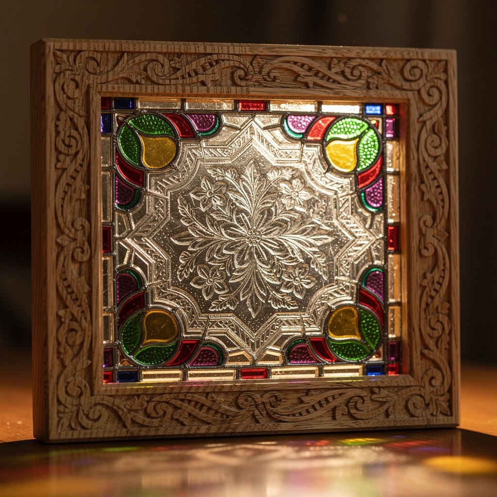 Engraved glass and wood, stained glass